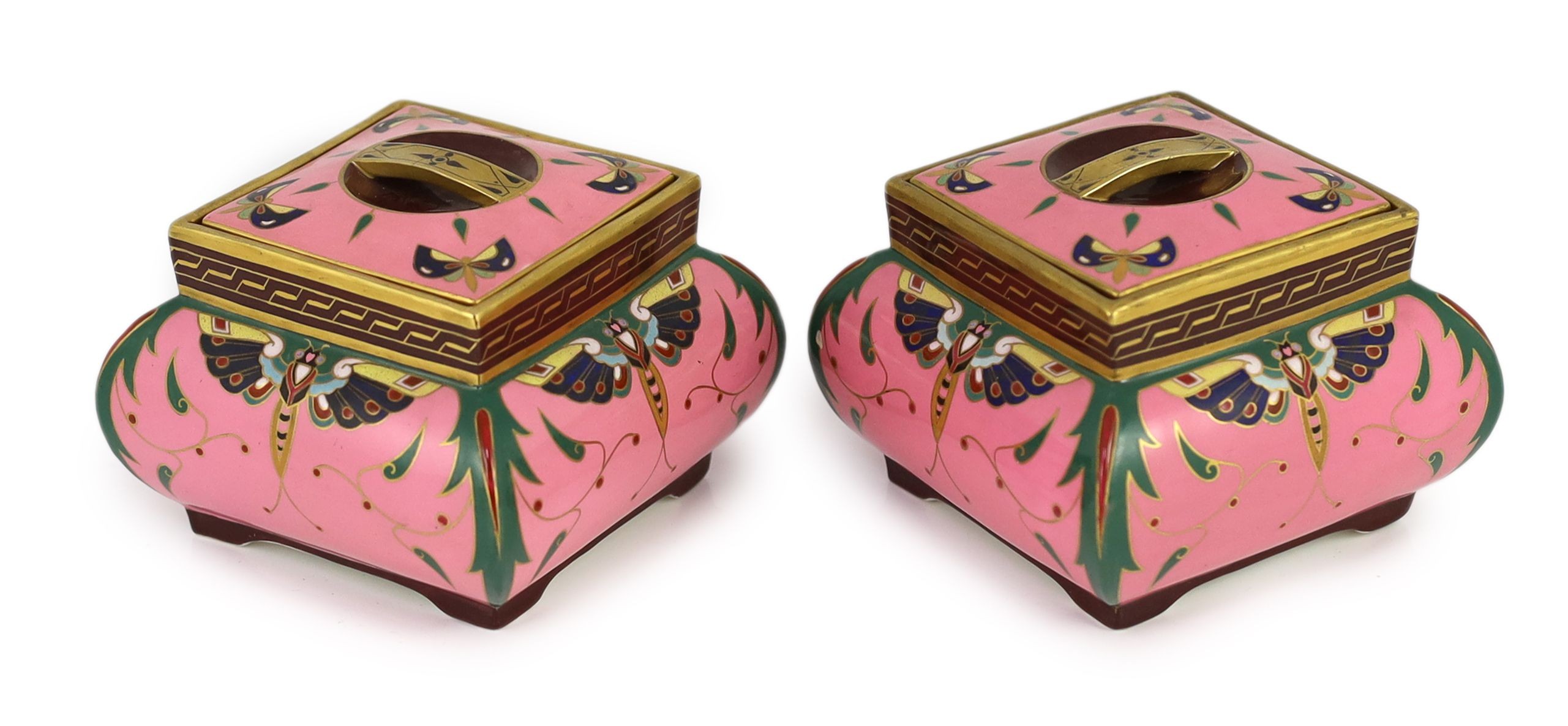 A pair of Minton pink ground square boxes and covers, c.1870, attributed to Christopher Dresser, 12cm wide